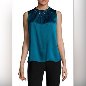 Elie Tahari Aqua Betsy Silk Blouse Top with rhinestones and Velvet trim S